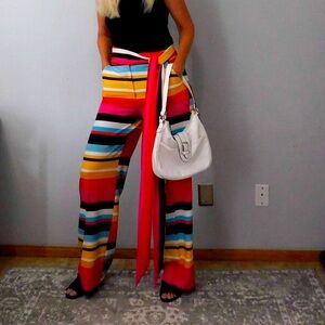 New York & Company 8 Tall Striped wide leg pant with sash NWOT